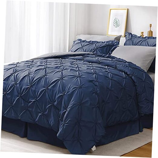Queen Comforter Set 7 Pieces, Navy Blue/Gray Bed in a Bag Comforter Set for