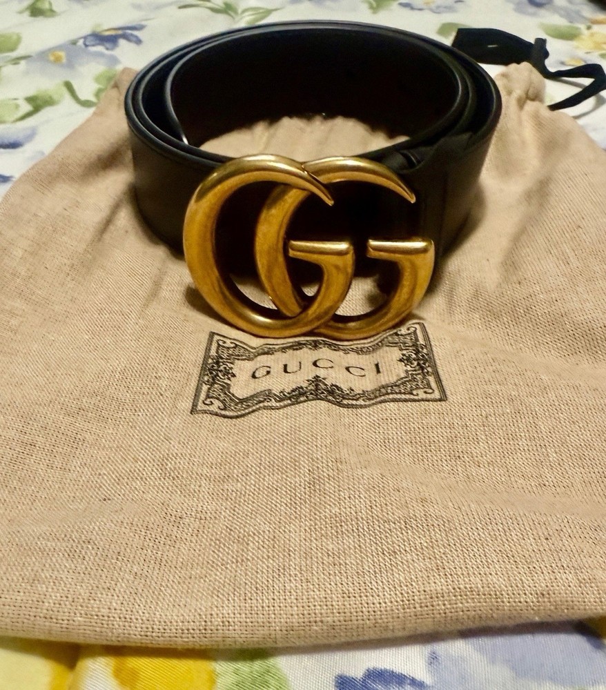 Gucci GG Marmont Wide Black Leather Belt with Gold Buckle
