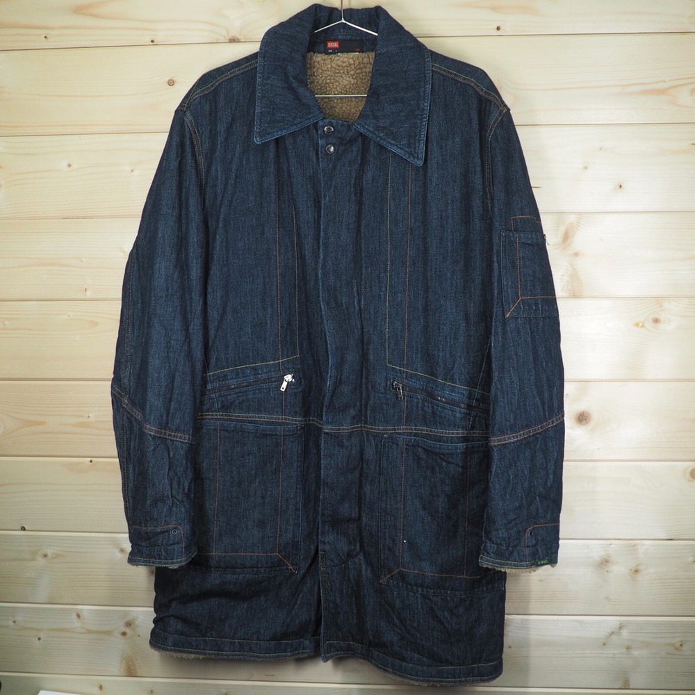 Diesel Vintage Mens Large Sherpa Fleece Long Denim Jacket Trench Coat Y2K 00s