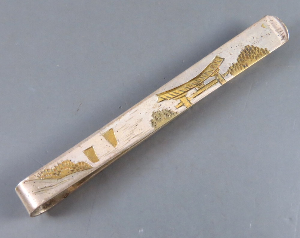 VTG 950 Silver Japanese Tie Bar with Gold Mount Fuji Pagoda Scene - Higher Than Sterling