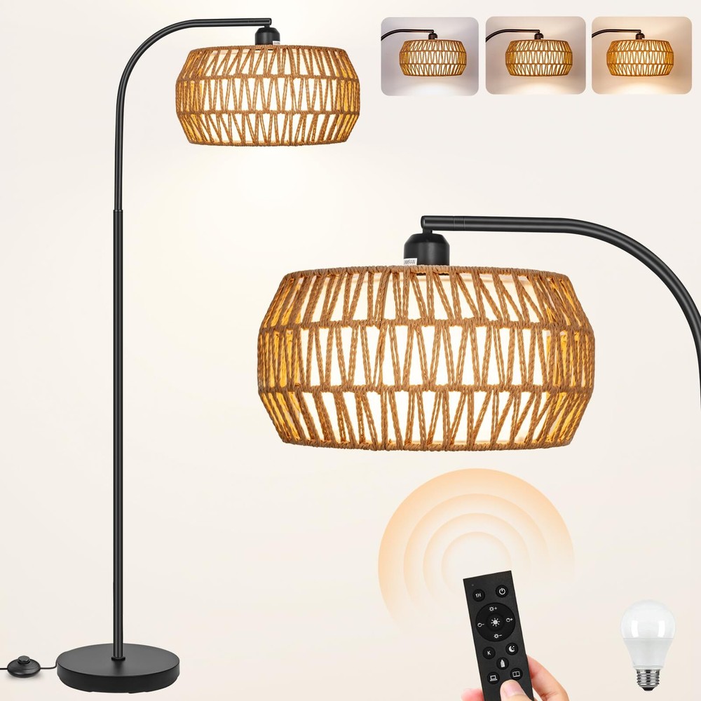 Floor Lamp with Remote, Rattan Standing Lamp with Rattan & Linen Shades, Boho...