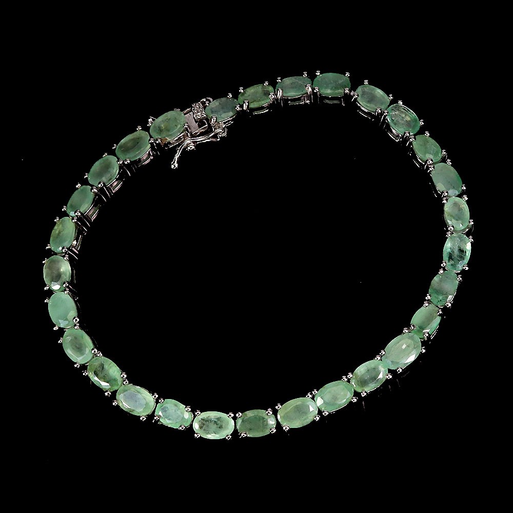 925 Sterling Silver Oval Emerald Gemstone Bracelet 7 Inches