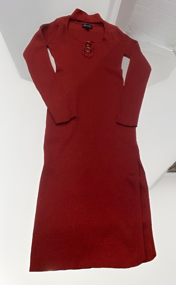 SAY WHAT? SWEATER DRESS Dark Red With Choker Neckline Rings Fitted Medium Slit