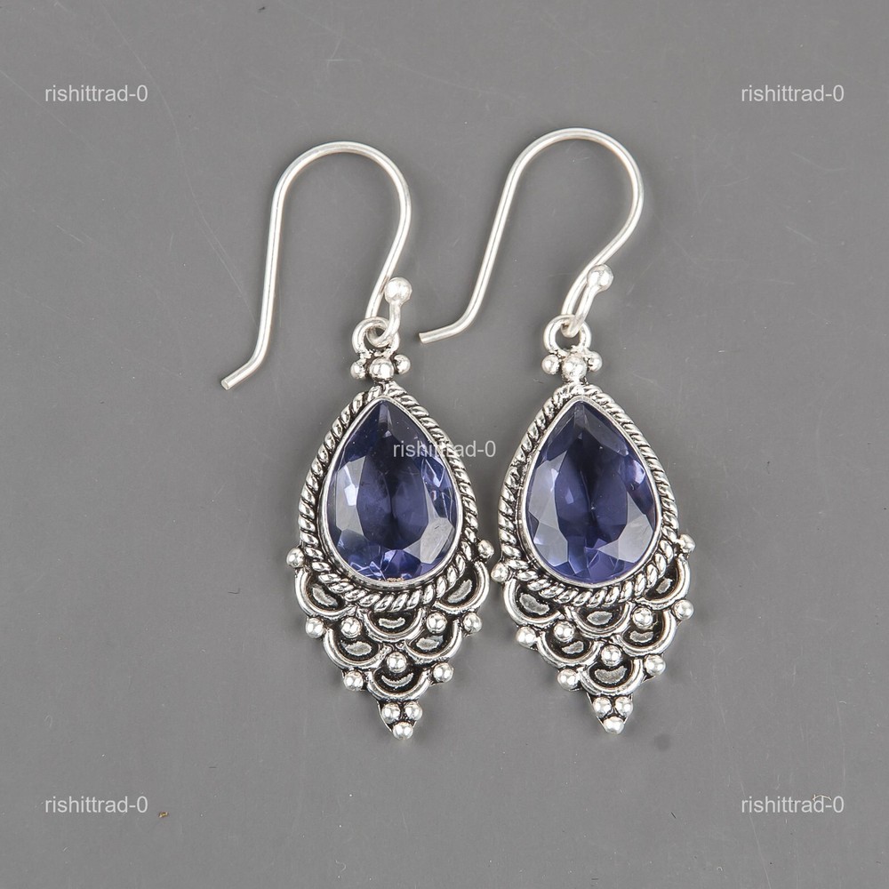 Sterling Silver Iolite Stone Dangle Drop Elegant Earrings Perfect Christmas Gift for Wife