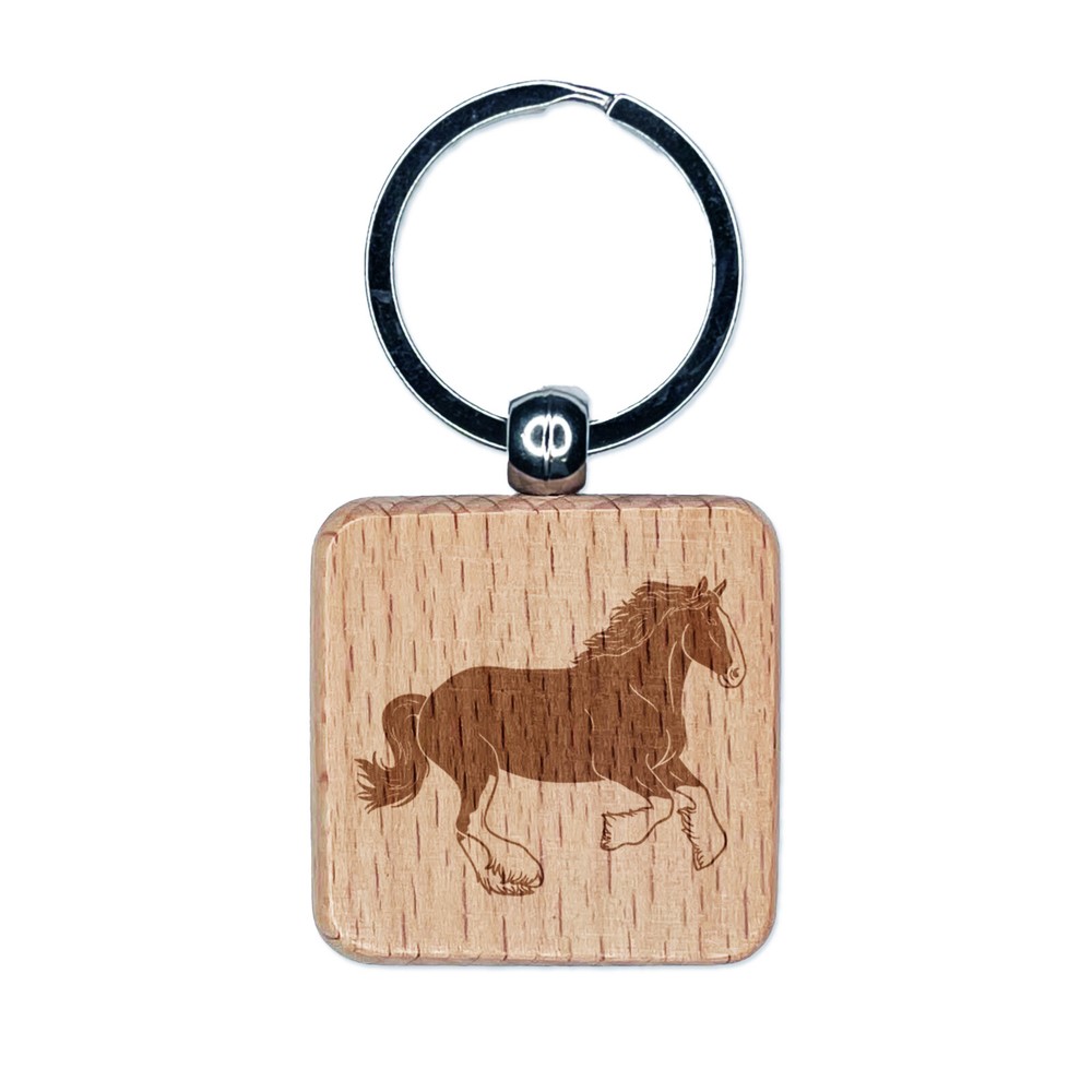 Mighty Clydesdale Horse Engraved Wood Square Keychain Tag Charm