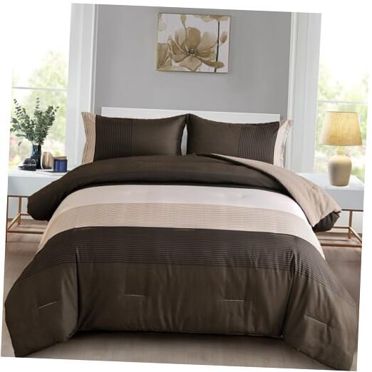 Comforter Set Reversible Striped Down Alternative Comforter for Queen Brown