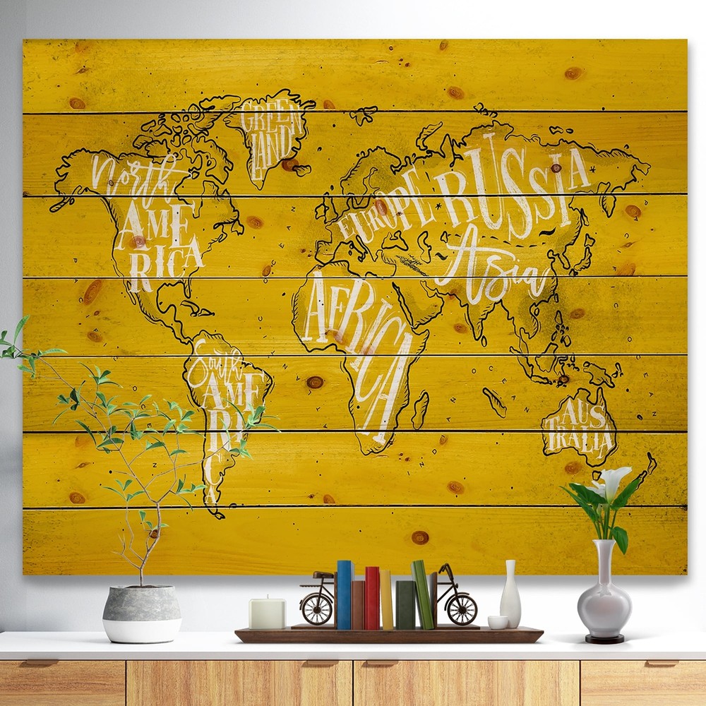 Designart 'Vintage Yellow Worldmap' Maps Print on Natural  Small