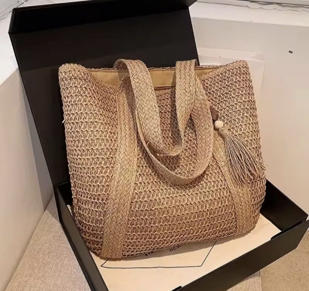 Large Summer Beach Tote Bag Woven Straw Shoulder Handbag Rattan Holiday Bag