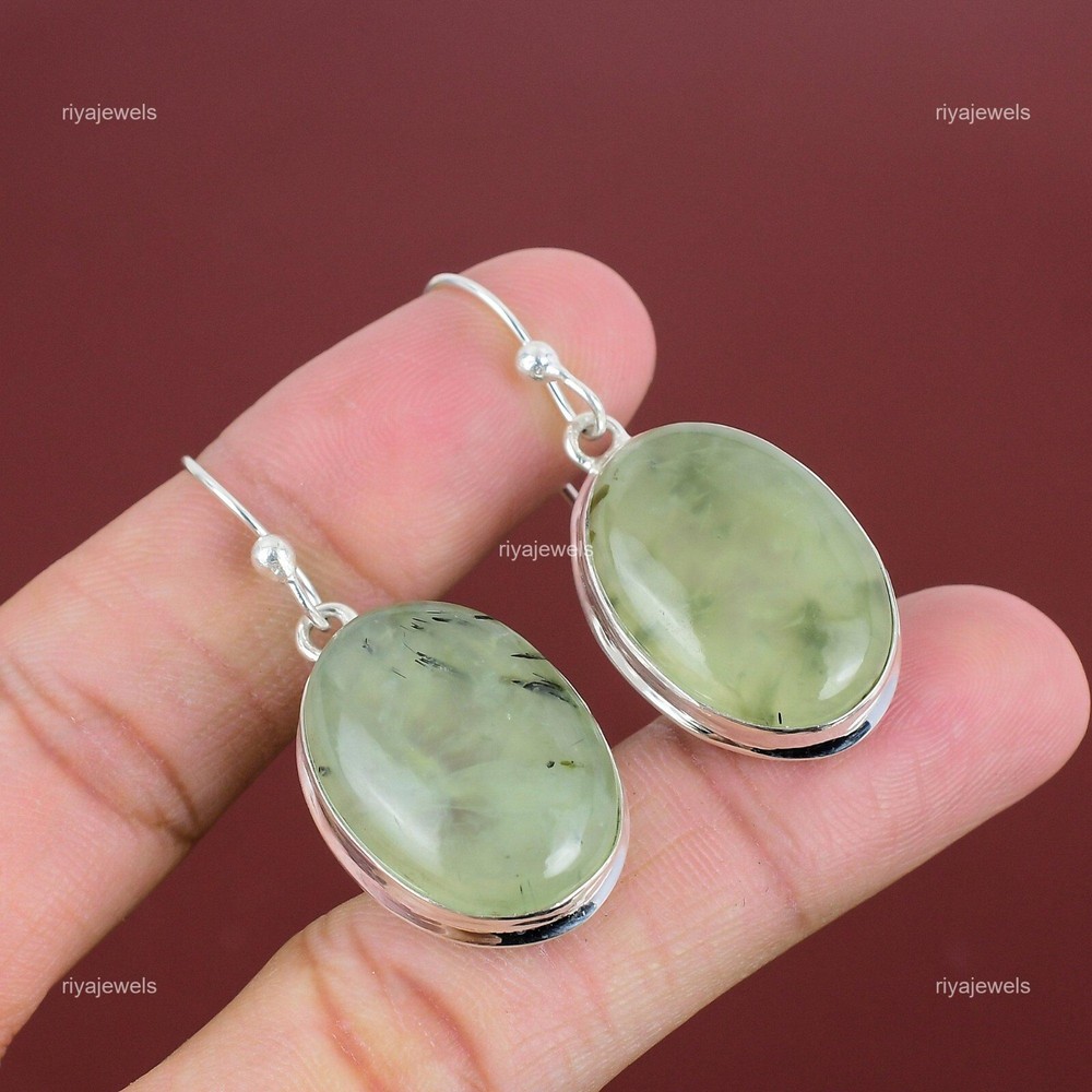 925 Silver Natural Moss Prehnite Drop Earrings for Her Wedding Gift