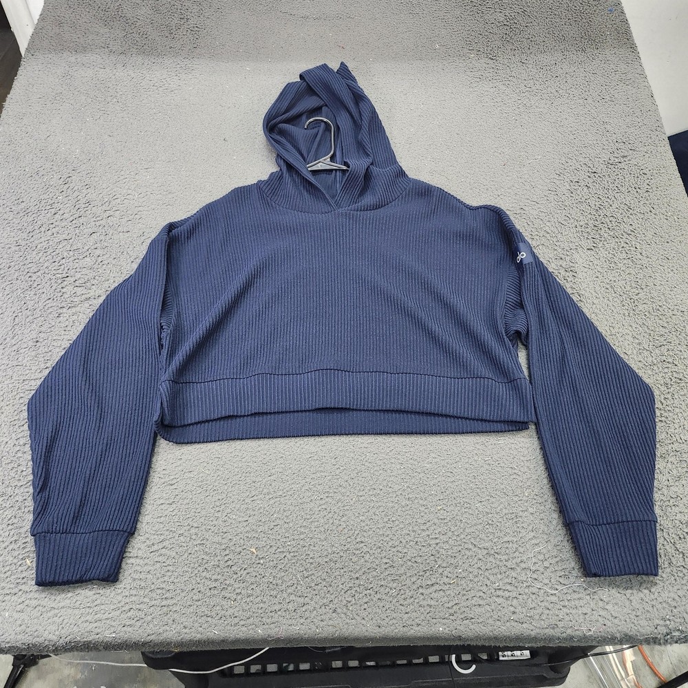 Alo Hoodie Womens Medium Navy Blue Ribbed Cropped Pullover Stretch Sweatshirt