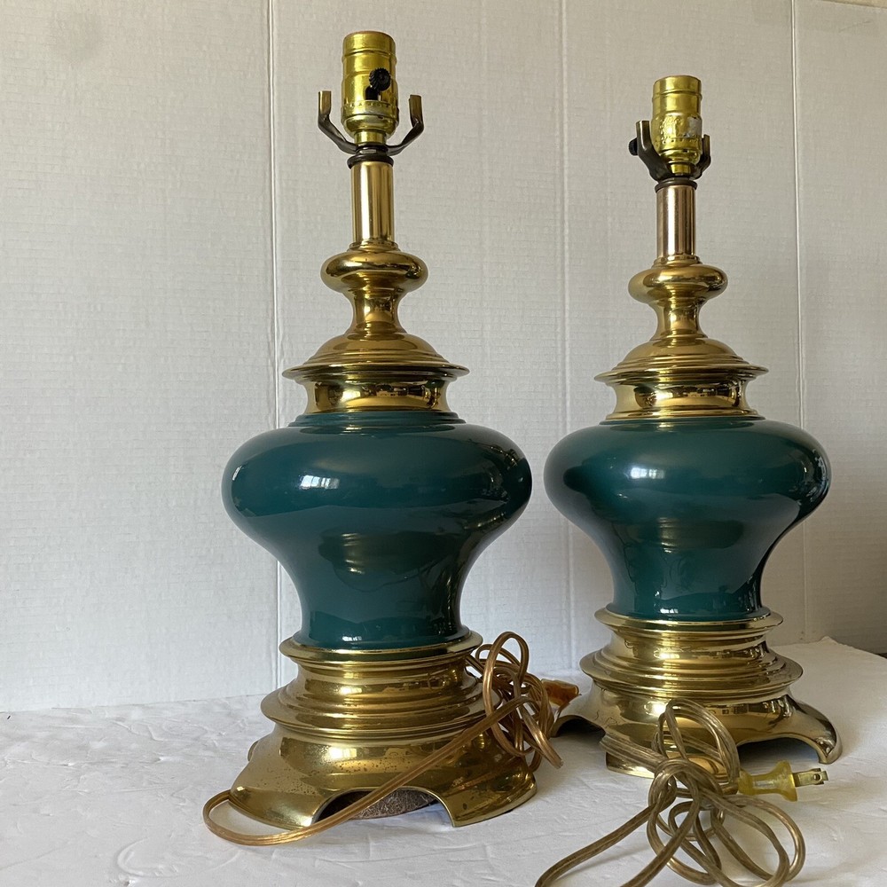 Leviton Made In USA Big Turquoise Ceramic Brass Table Lamps Vintage Retro 1990ss