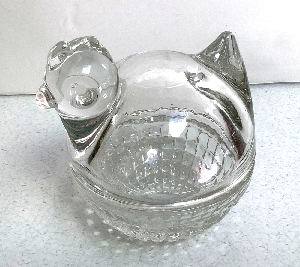 Vintage Anchor Hocking Heavy Clear Glass Hen On Nest Candy Trinket Dish Chicken