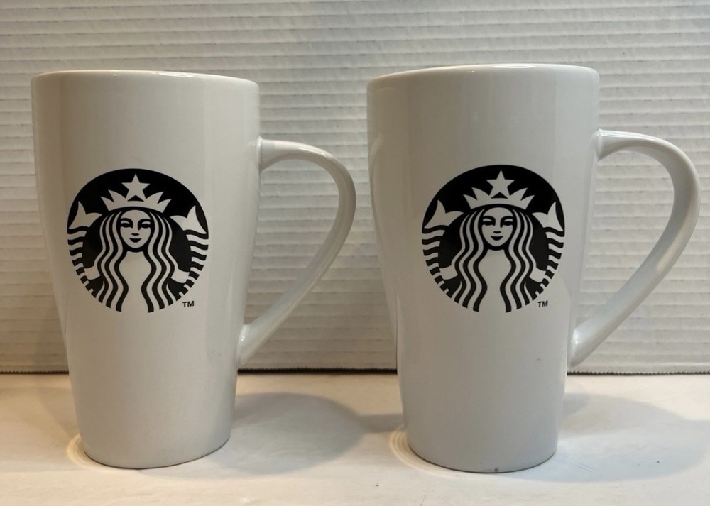 Starbucks 2014 White 18 oz Ceramic Mug with Black Mermaid Logo Set of 2