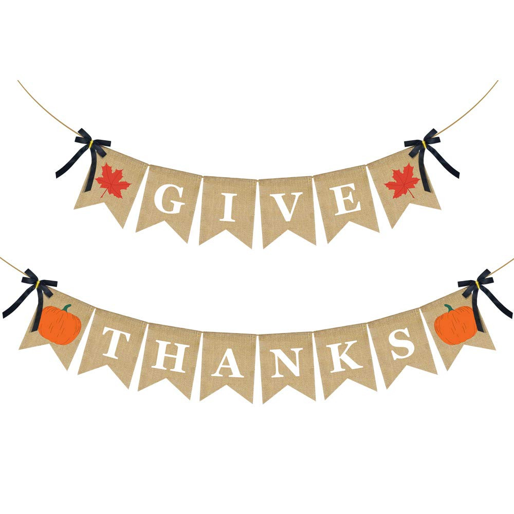 Thanksgiving Burlap Banner Garland with Give Thanks Sign for Harvest Decor