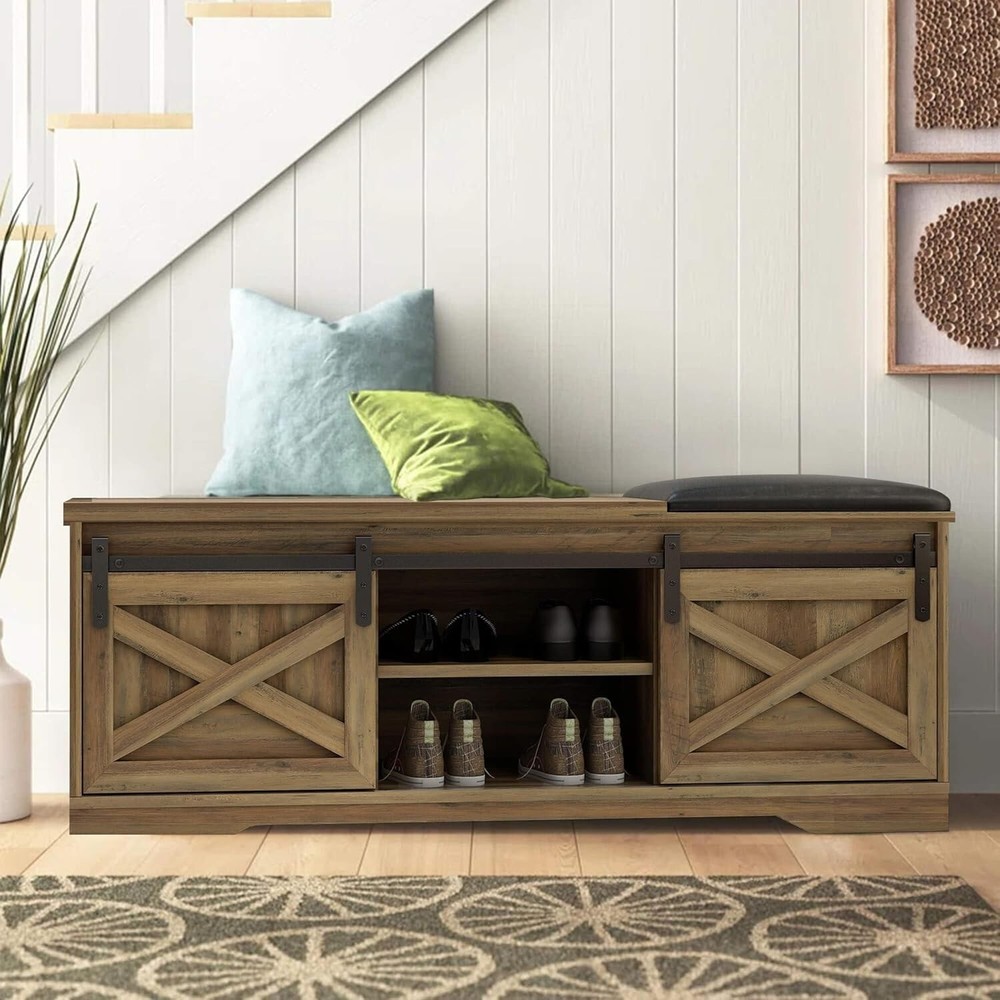 Entryway Shoe Bench with Cushion/Hidden Shoe Storage Farmhouse Bench Padded Seat