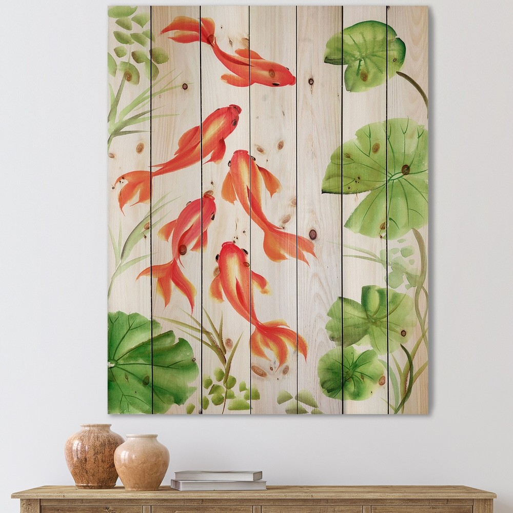 Designart 'Vintage Goldfishes Among The Lotus Leaves'