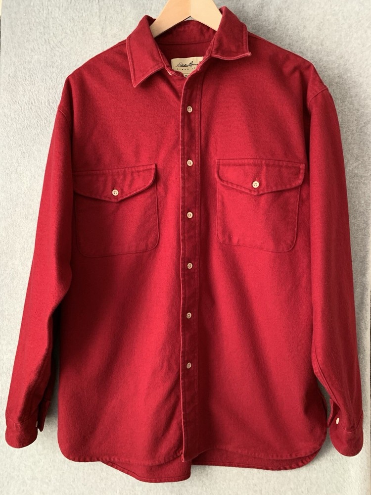 Eddie Bauer Men's Large Red Chamois Flannel Shirt Heavy Cotton Outdoor Classic