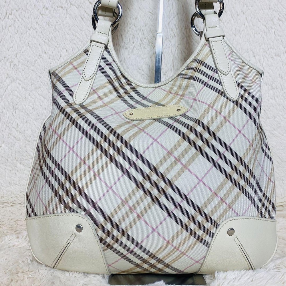 Rare Color Extremely Beautiful Burberry Blue Label Nova Check Tote Bag Greige