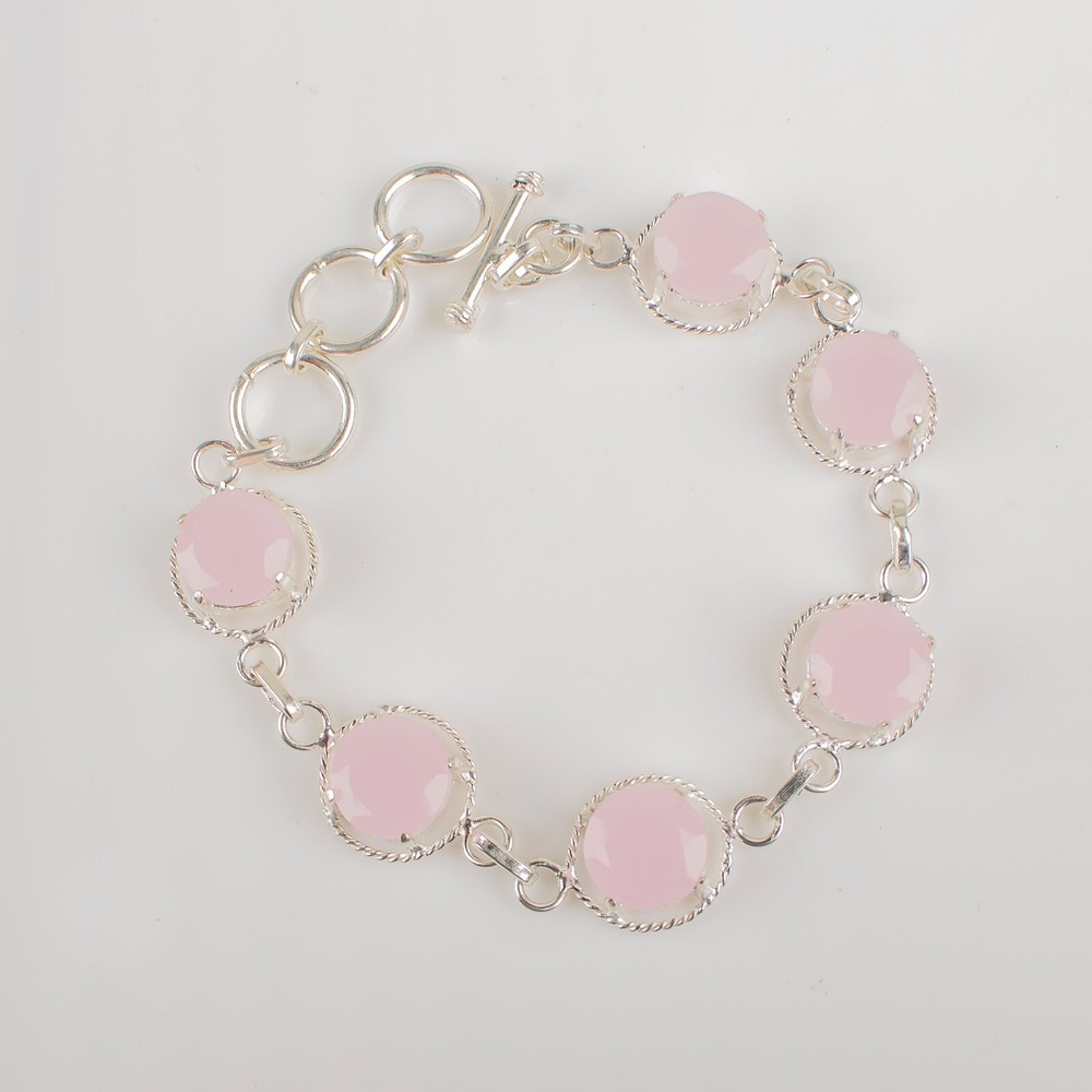 Birthday Gift For Her Natural Rose Chalcedony Gemstone Chain Bracelet 925 Silver