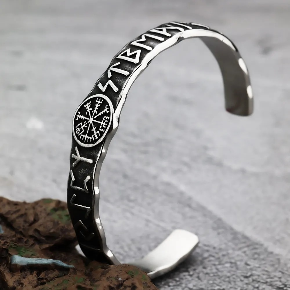 Viking Rune Stainless Steel Cuff Bracelet - Norse Vegvisir Design
