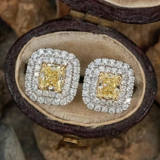 3Ct Cushion Cut Lab Created Yellow Diamond Stud Earrings 14K White Gold Plated