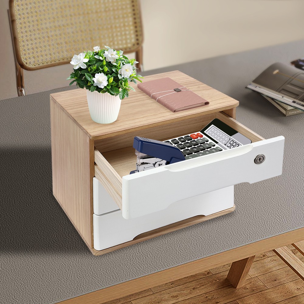 Wooden Desktop Storage Box, Desk Organizer, Desktop Box with Lockable Drawers