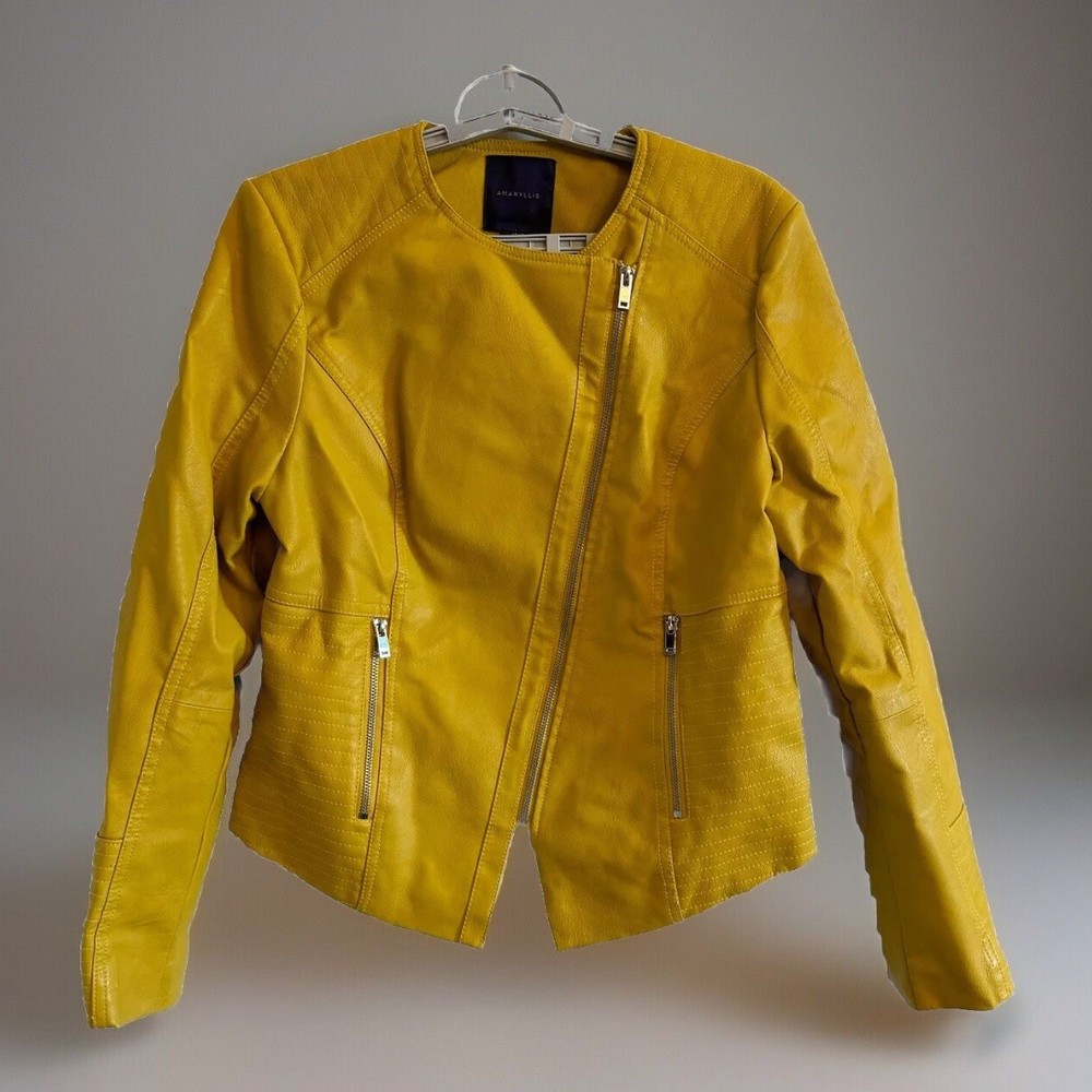 Vintage Y2K Leather Look Yellow Biker Jacket - Bold Statement, Amaryllis Size L