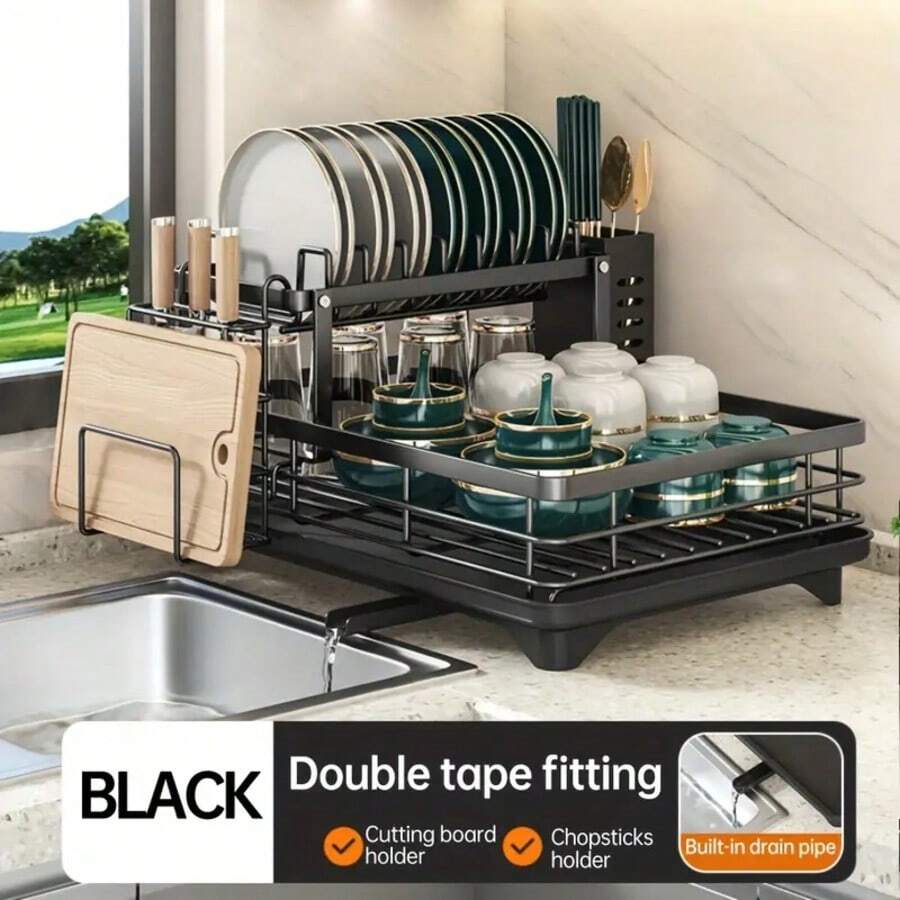 Double-Layer Kitchen Bowl & Chopstick Holder with Drain Tray - Rustproof Design  