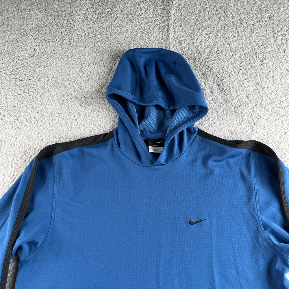Vintage Nike Shirt Mens Small Blue Dri-Fit Athletic Top Hooded Long Sleeve Train