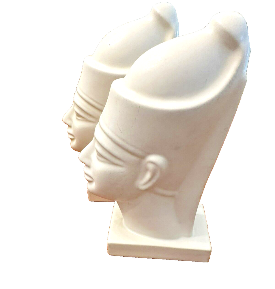 Pair Hyalyn Ceramic Art Pottery Egyptian Bust Head Art Deco MCM Signed Bookends