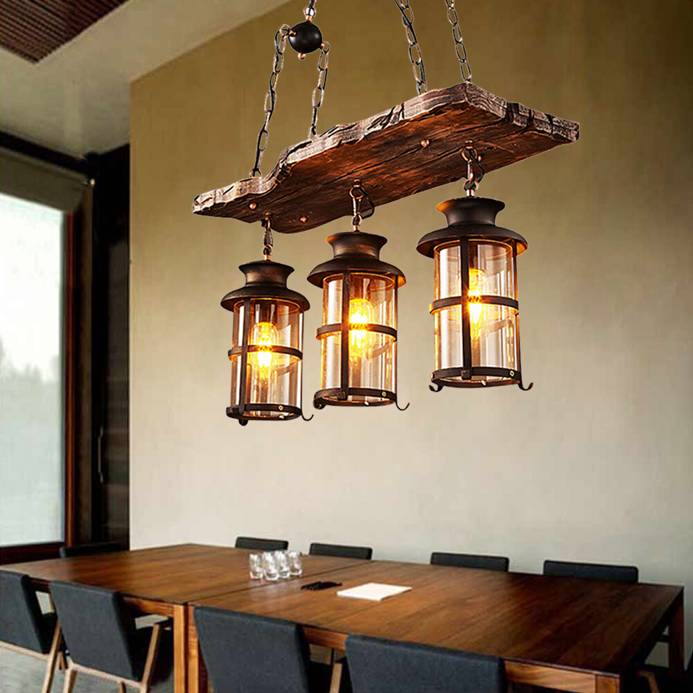 3-Head Chandelier Industrial Ceiling Lamp Rustic Wood Hanging Pendant Light NEW