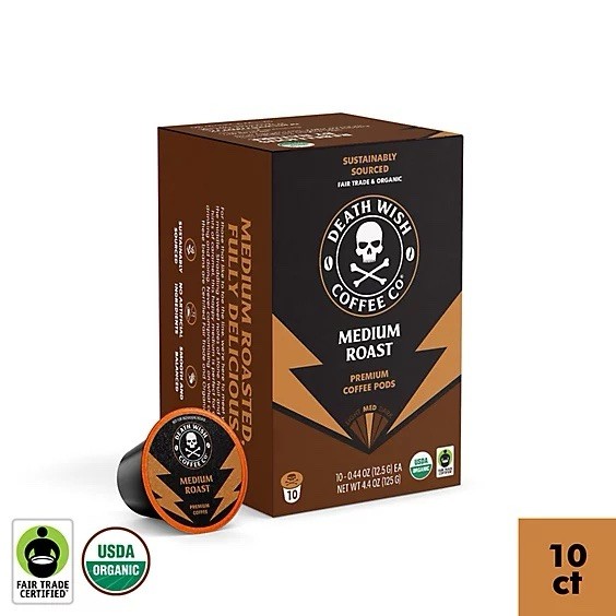 Death Wish Coffee Co. Medium Roast Organic Fairtrade Coffee Pods 10 Pack