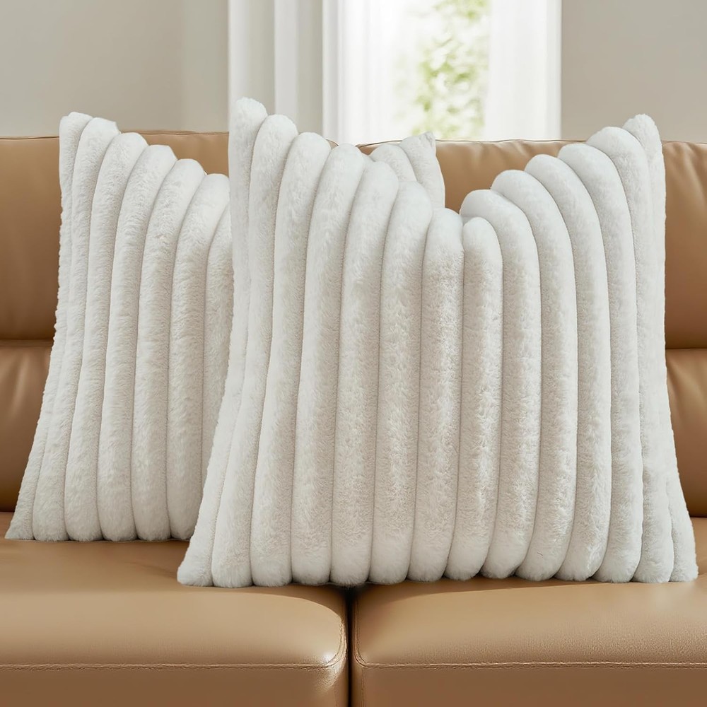 Cream Throw Pillow Covers Set of 2 18x18 Inch Soft Faux Rabbit Fur Striped