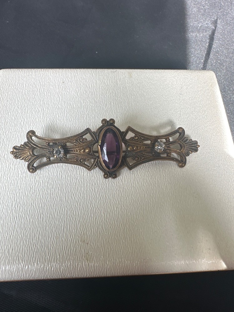 Antique Victorian Art Nouveau Brass Filigree Sash Brooch Pin - Purple Glass Ston
