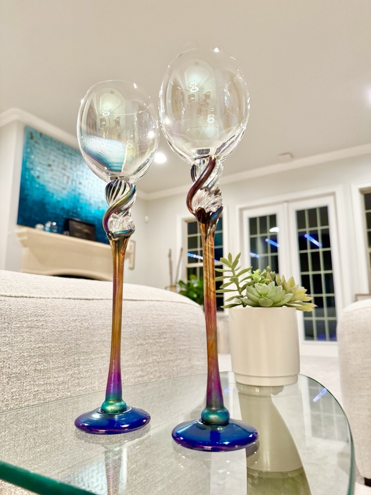 Pair of Bri’oni Hand Made Signed Numbered 12.5” Iridescent Wine Glass EXCELLENT