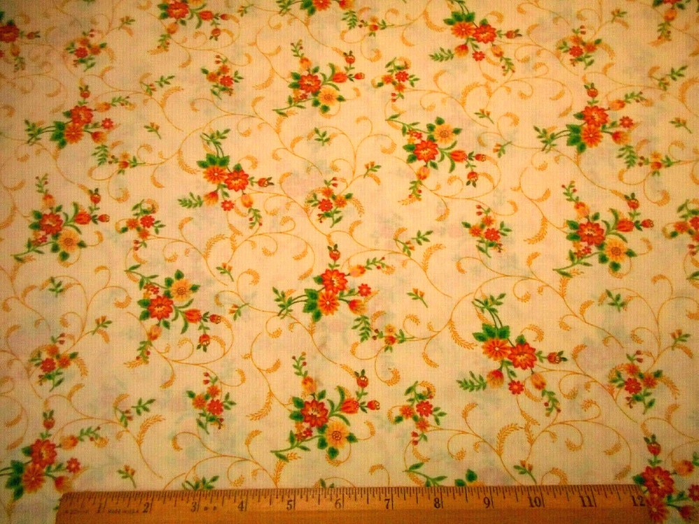 Cotton Fabric By The Yard Yellow Gold Orange Green Floral Gold Vine Lt Yellow #C
