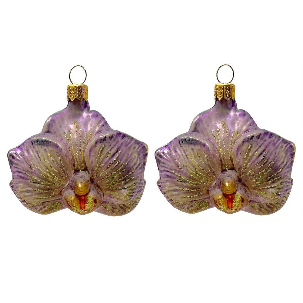 Purple Orchid Flower Polish Glass Christmas Tree Ornament Decoration Set of 2