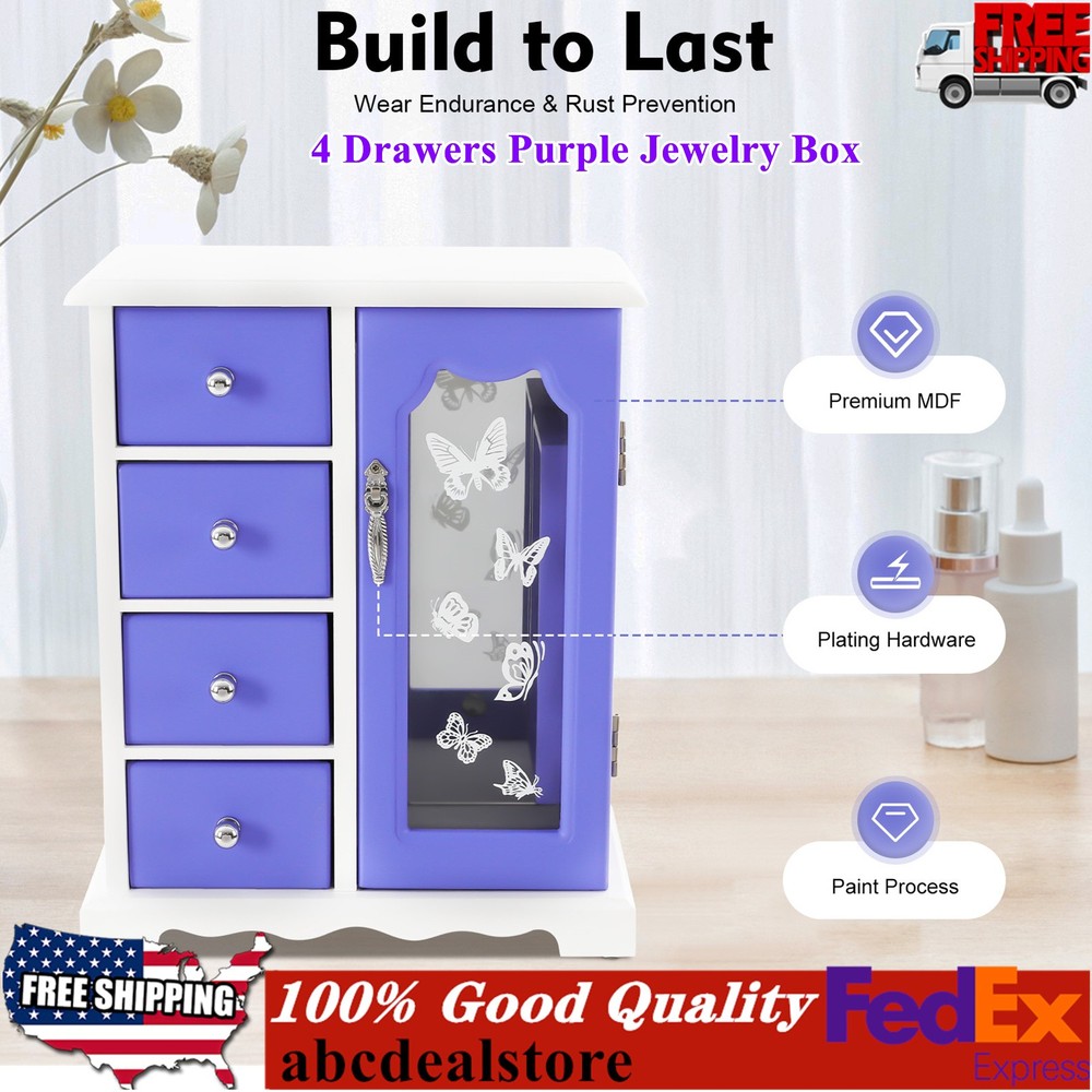 Purple Butterfly Double Door Jewelry Box with Mirror & 4 Drawers-image