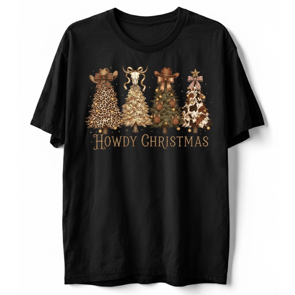 Howdy Christmas T-Shirt Western Trees Leopard Cow Print Bull Skull Plaid Holiday