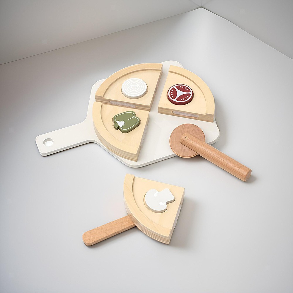 Wooden Pizza Play Set for Kids Pretend Kitchen Cutting Food Toy