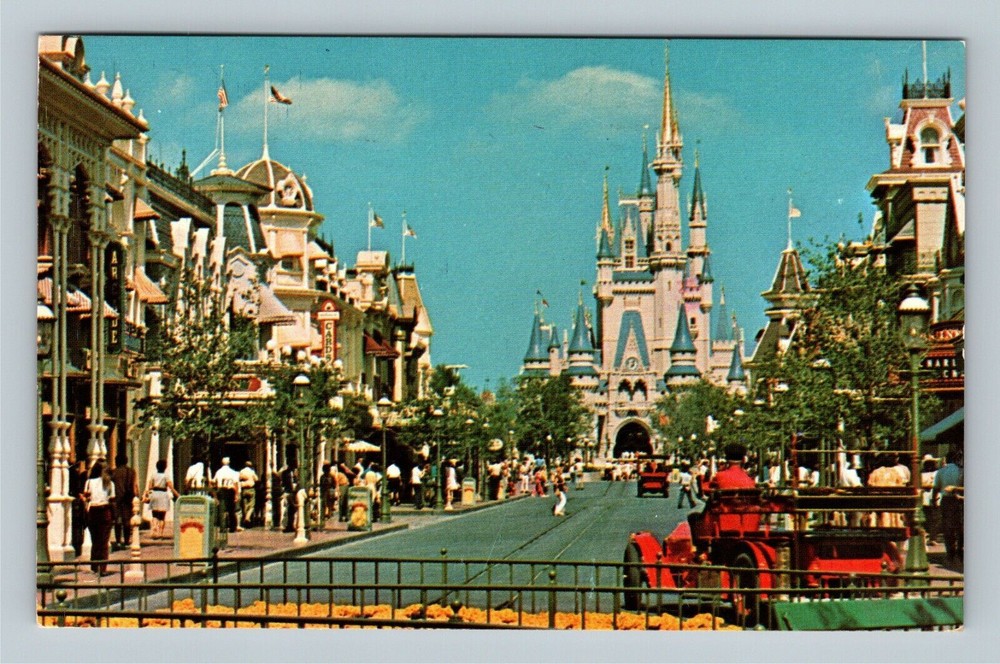 Vintage Disney World Orlando postcard featuring Main Street and Cinderella Castle