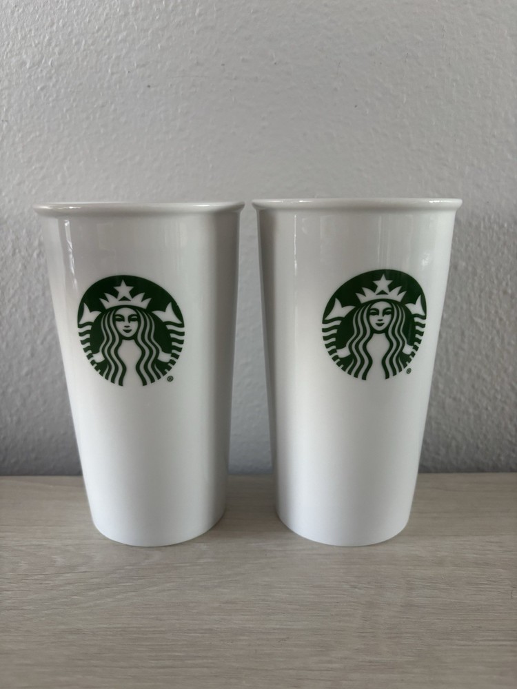 Starbucks 10 oz White Ceramic Travel Mug Tumbler Double Wall No Lid