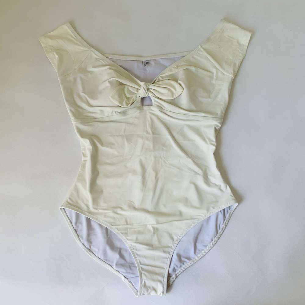 FIGLEAVES Swimsuit Women 18 White V-Neck Bow Cutout One Piece Bridal Beach Pool