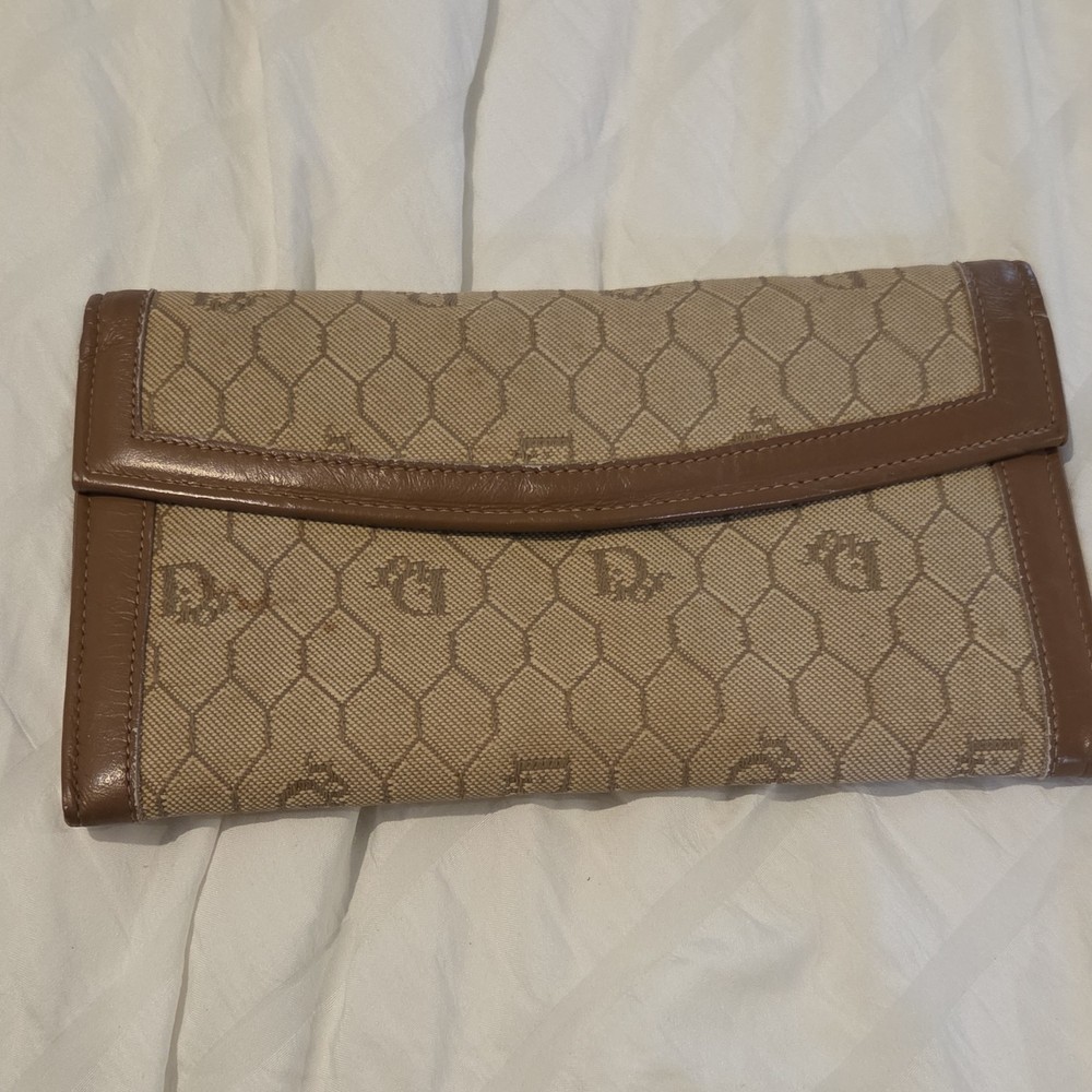 Christian Dior Brown Beige Women's Wallet Folding Geometric Logo Button Accent