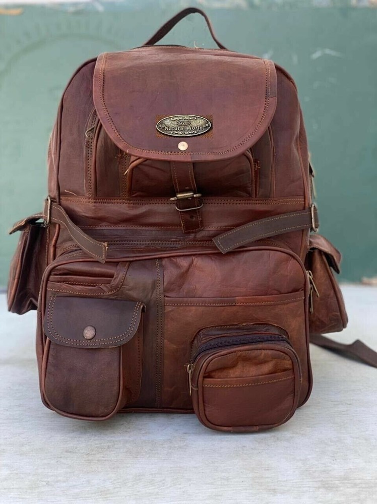 Vintage Genuine Goat Leather Laptop Backpack Brown Men's Travel Rucksack