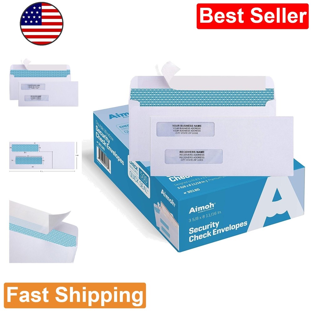 500 Count Double Window Self Seal Security Envelopes - Ideal for Business Checks