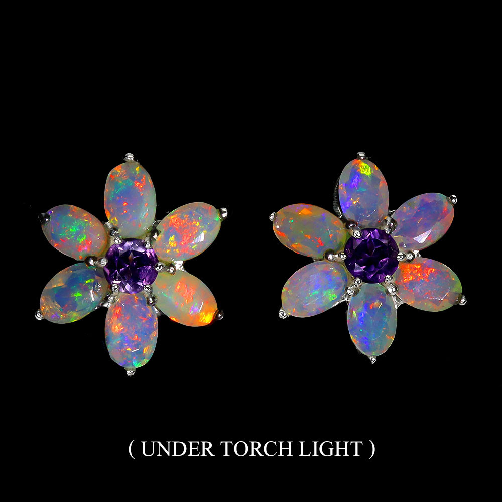 Valentine 925 Silver Earrings with Oval Fire Opal and Amethyst Gemstone