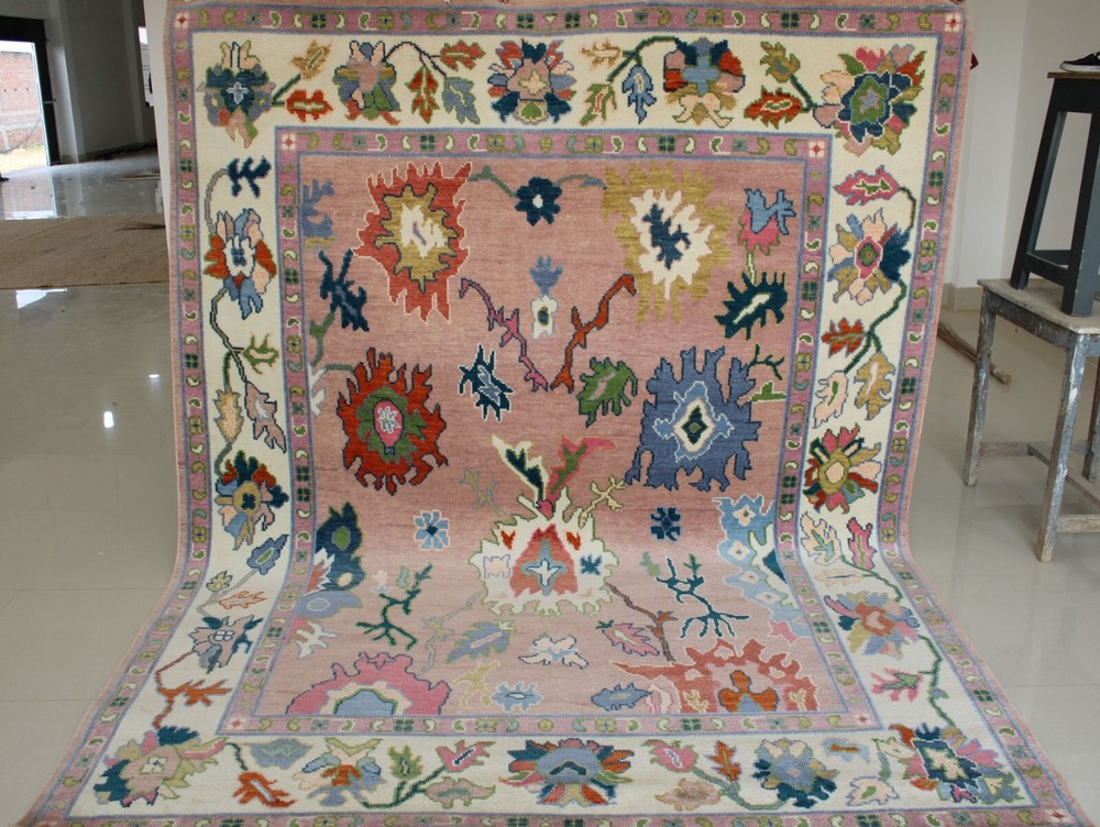 Pink hand knotted wool Oushak rug unique handmade area carpet