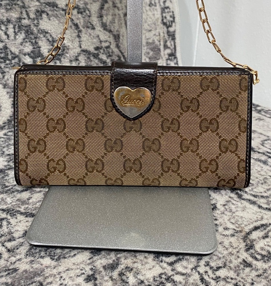 Gucci GG Coated Canvas Leather Continental Bifold Wallet in Tan Brown with Chain