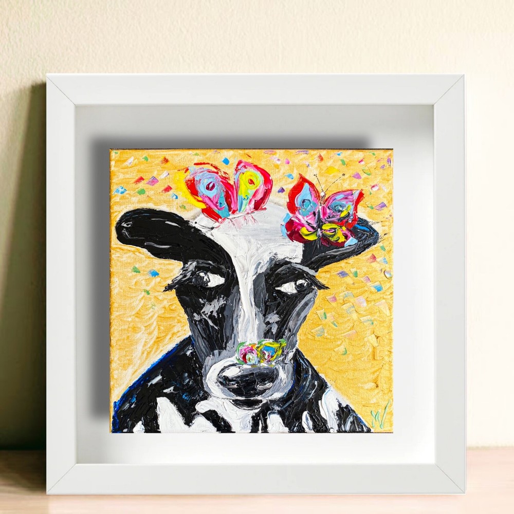 Cow Wall Art Butterflies Painting ORIGINAL Canvas Impasto Painting Oil Artwork